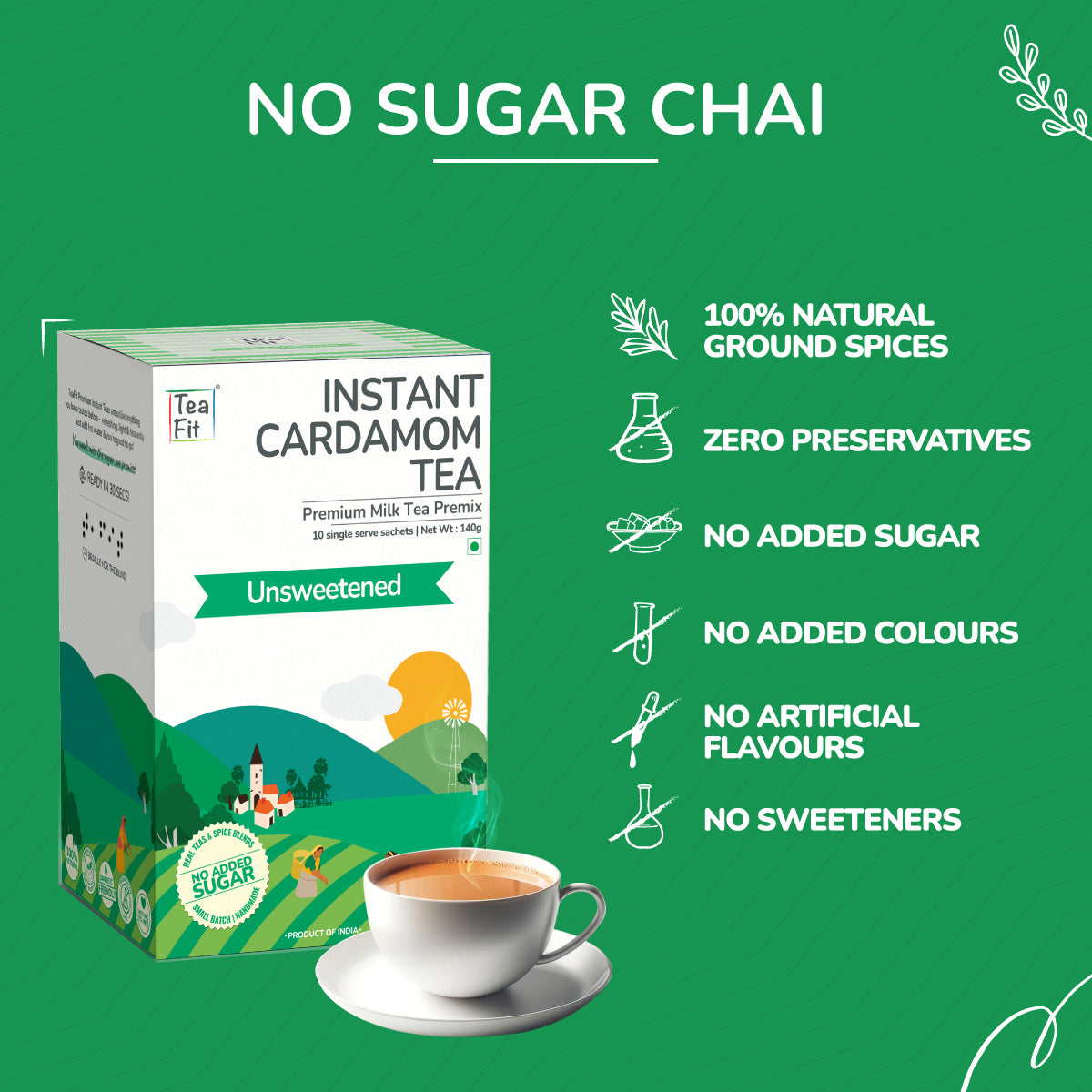 Instant Cardamom Tea Premix (Pack of 10 sachets) - Unsweetened