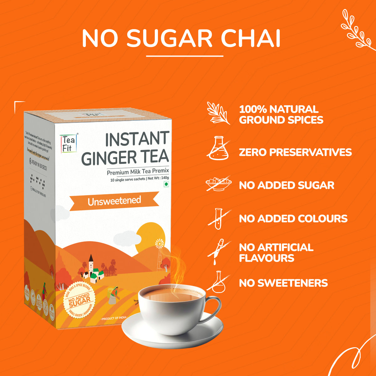 Instant Ginger Tea Premix (Pack of 10 sachets) - Unsweetened