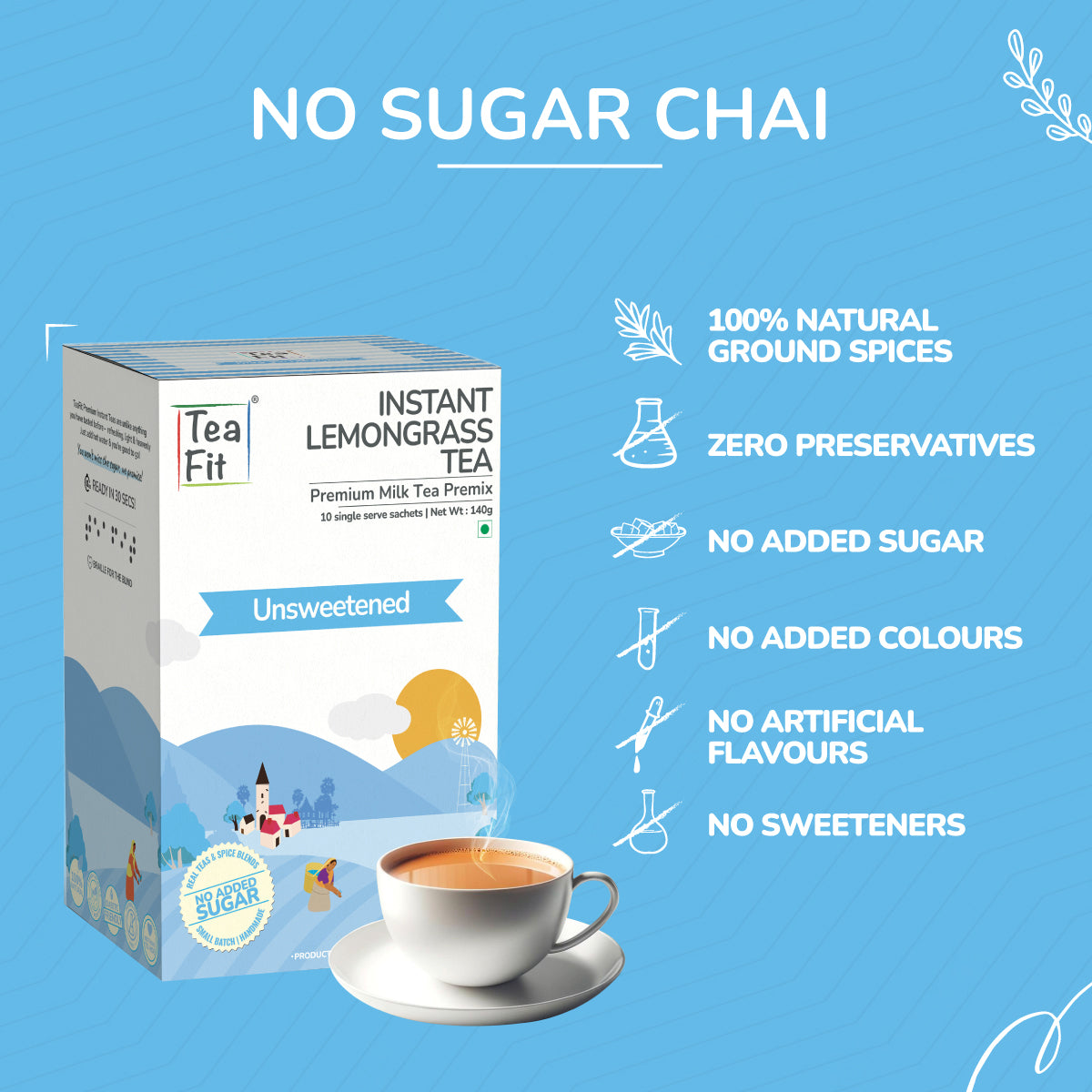 Instant Lemongrass Tea Premix (Pack of 10 sachets) - Unsweetened